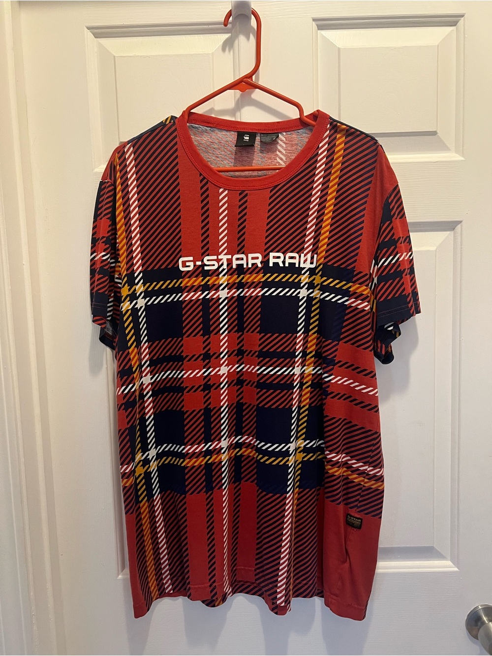 G-Star Red Plaid Short Sleeve Tee with Navy and Yellow Accents